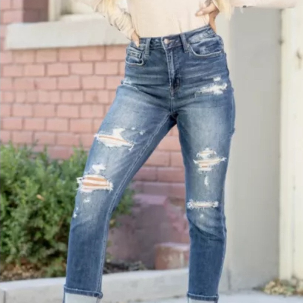 Mia‎ High Rise Mom Cuffed Dark Blue Wash Jeans - 27 - Picture 2 of 10